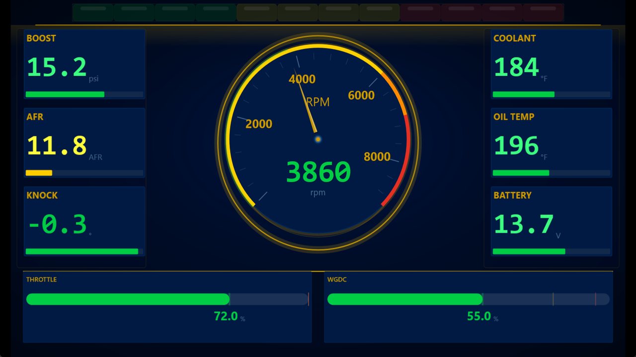 Rally-style digital dashboard theme with center tachometer, boost, AFR, and knock tiles
