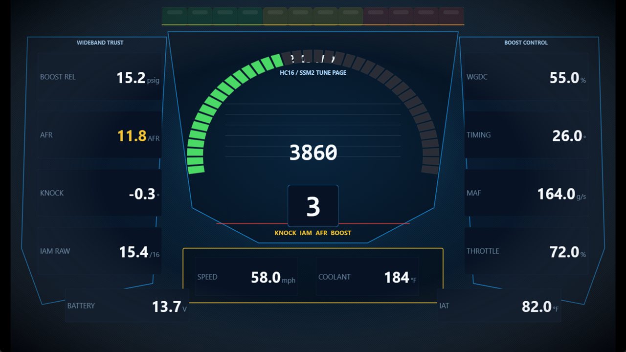 PulseWidth digital dashboard in the 2003 WRX tune theme, showing boost, AFR, knock, wastegate duty, and timing