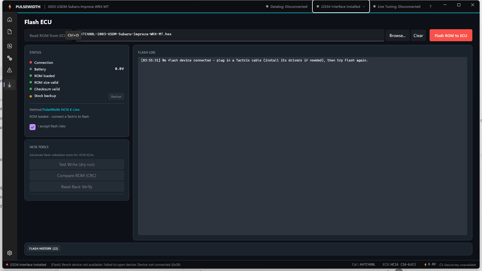 PulseWidth flash screen showing the pre-flight status checklist and HC16 validation tools