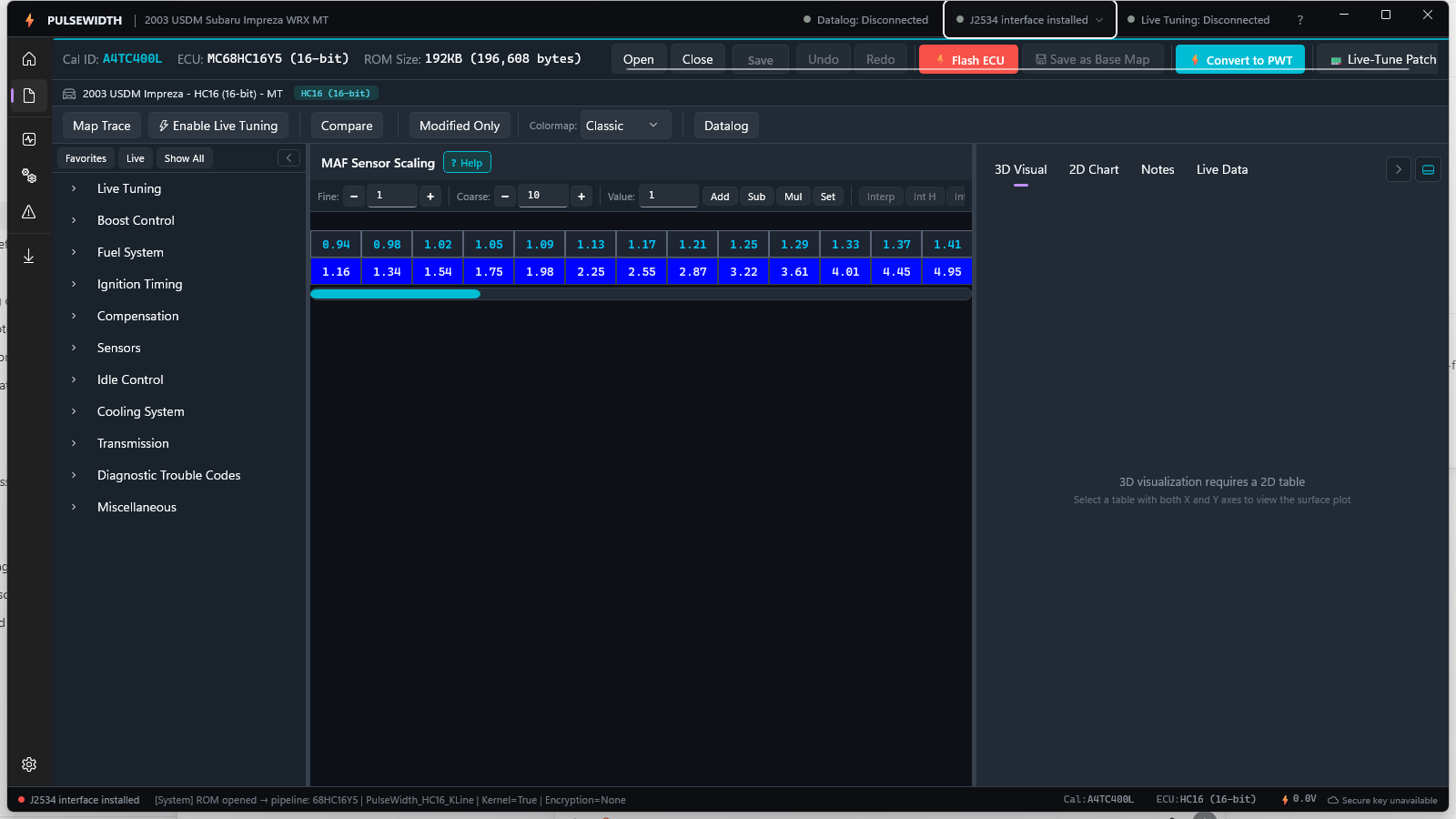 PulseWidth ROM editor with a 2003 USDM WRX (A4TC400L) calibration open, showing the HC16 table tree: boost control, fuel system, ignition timing, and more